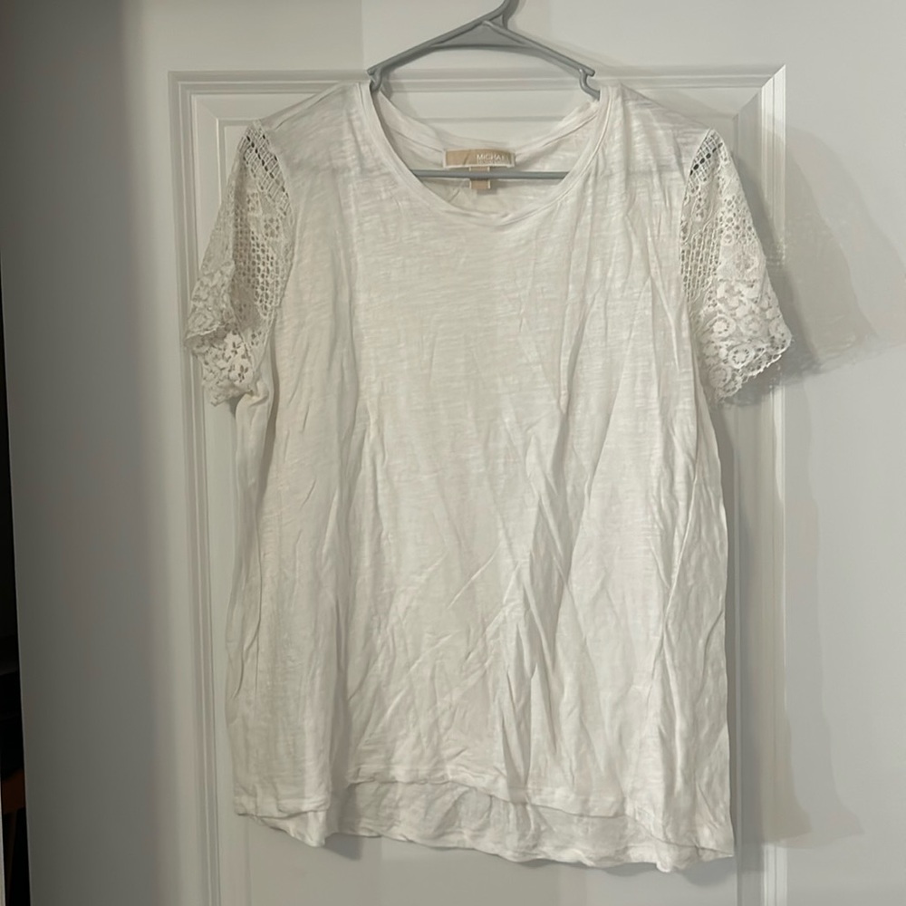 MK White T-Shirt with Lace Sleeves